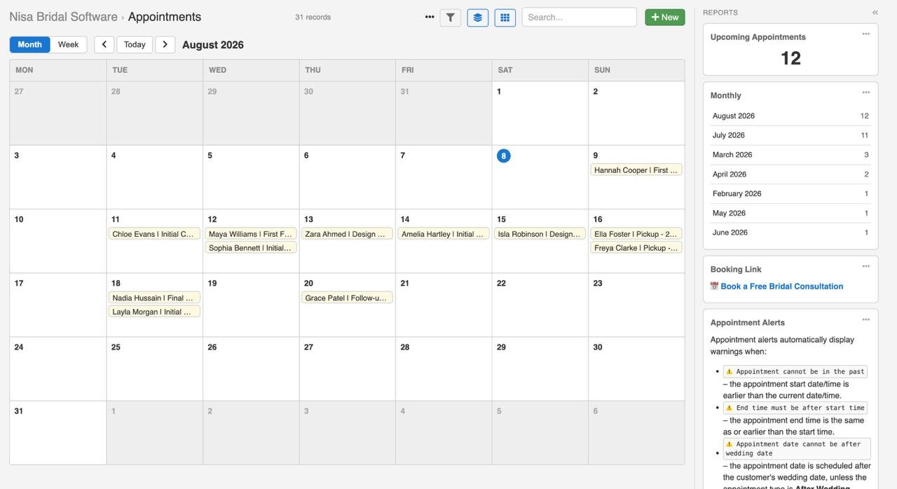 Nisa Bridal Software appointments calendar with upcoming consultation and fitting bookings