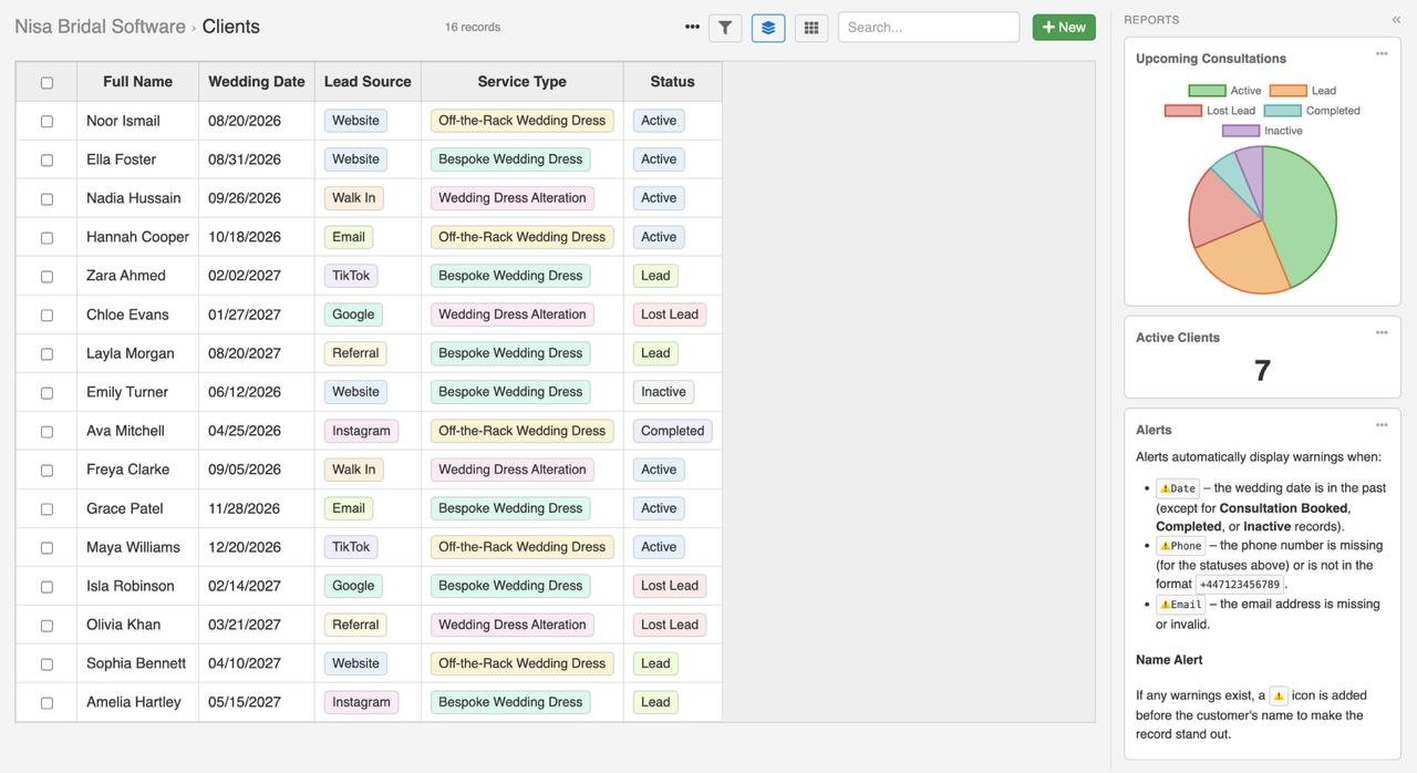 Nisa Bridal Software clients table with wedding dates, lead sources, service types and statuses