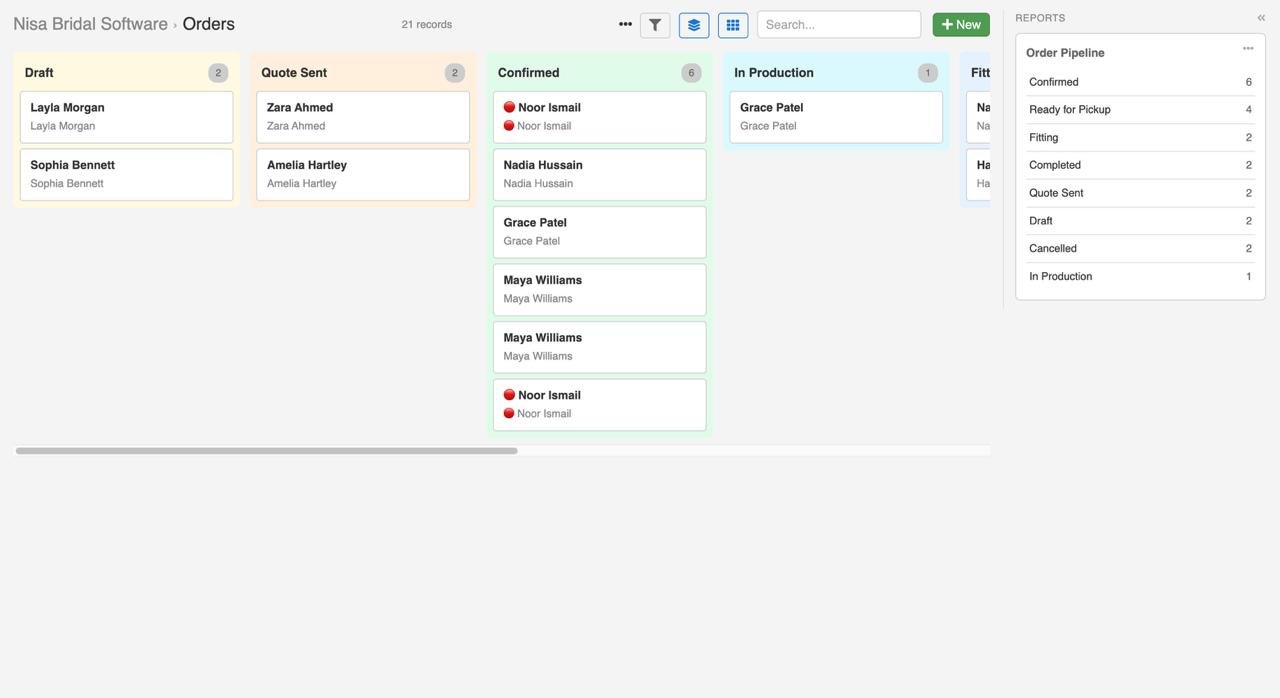 Nisa Bridal Software order board showing draft, quote sent, confirmed, production, fitting and completed orders